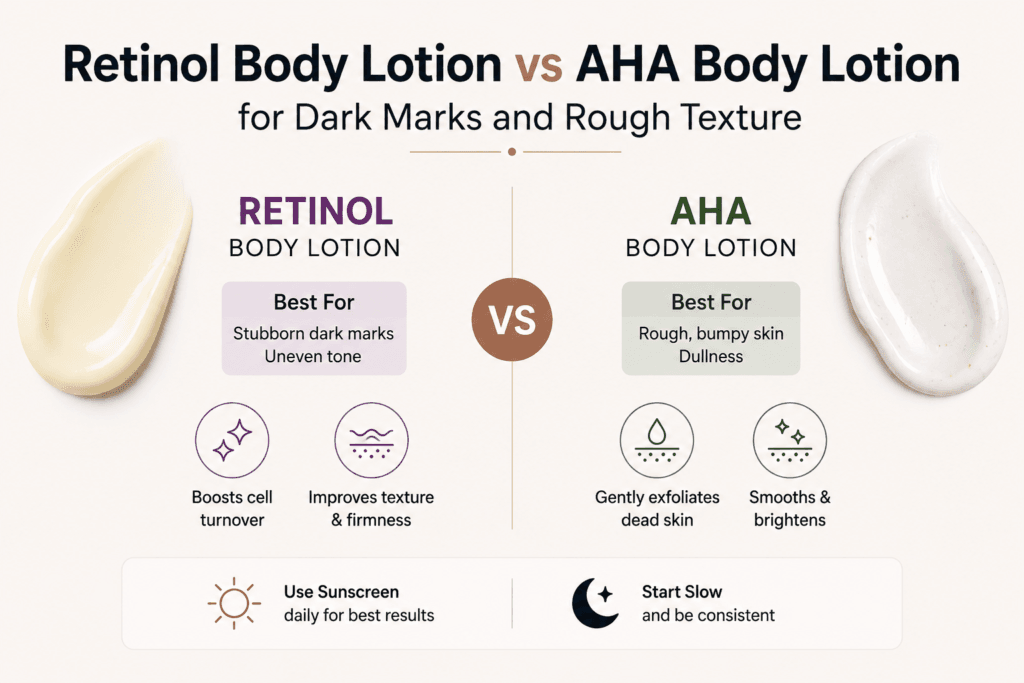Retinol Body Lotion vs AHA Body Lotion for Dark Marks and Rough Texture