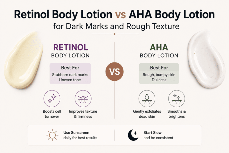 Retinol Body Lotion vs AHA Body Lotion for Dark Marks and Rough Texture